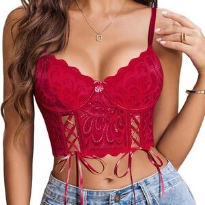 Red Sleeveless Bustier Lace Corset Crop Top